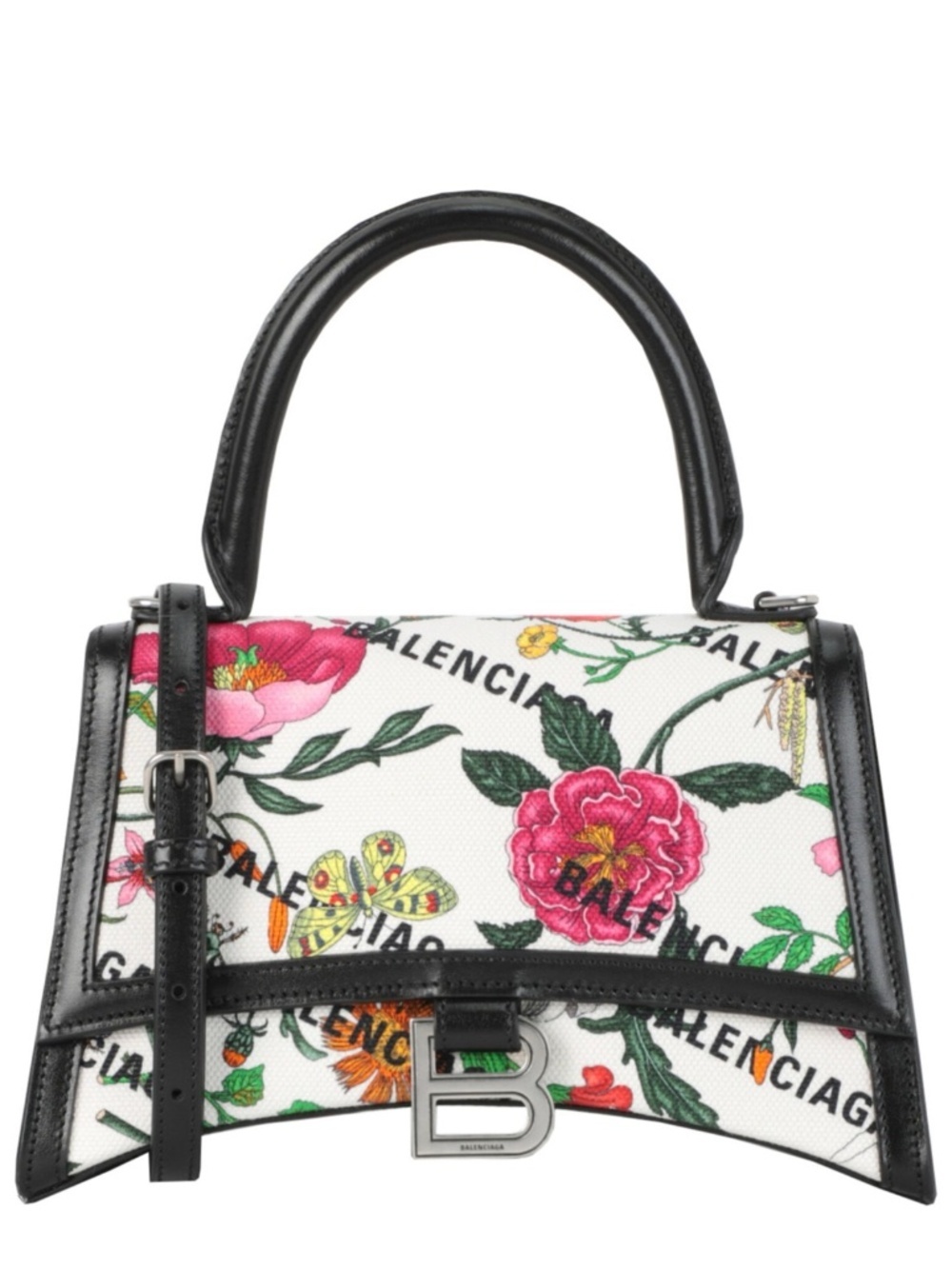 Gucci Floral Print Top-Handle Crossbody Bag in White, Black, Pink, and Green.
